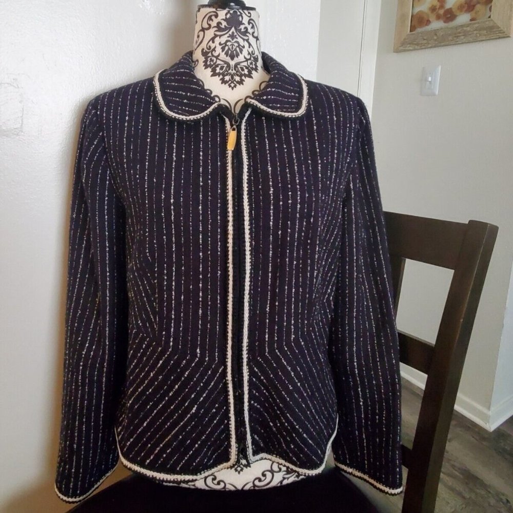 VTG SHOMI Knit Embroider Zip Up Blazer Jacket Women 100% Acrylic Black 12 EUC